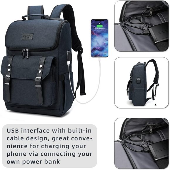 YALUNDISI Vintage Backpack Travel navy blue Laptop bag with USB Charging Port. - Picture 2 of 5
